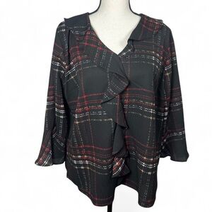 Investments Petites Riley Women’s Plaid Ruffle Front Blouse Petite M Black Red